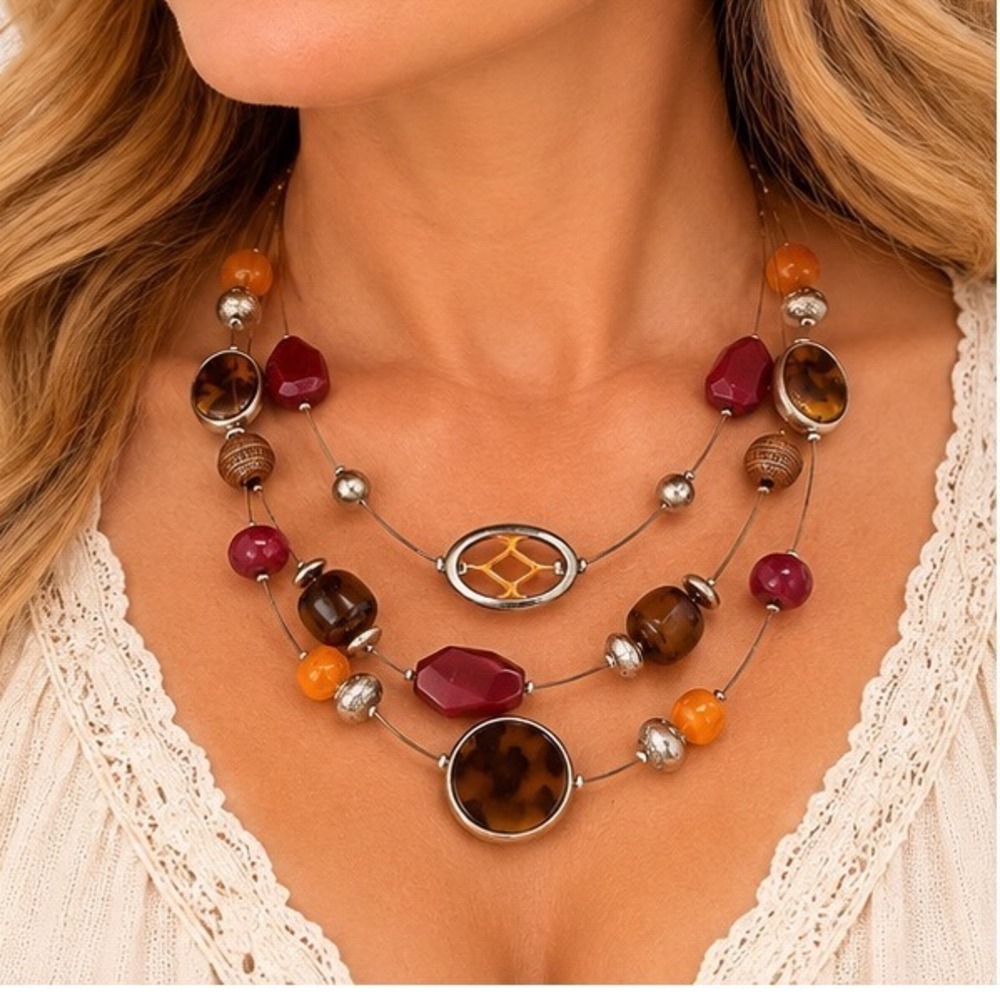 Chico's Leopard printed necklace Multi Strand Beaded Illusion Statement